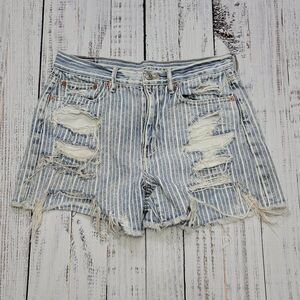 American Eagle Women's Blue 4 Striped Destroyed Ripped High Waist Jean Shorts